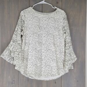 ELLE Floral Lace Blouse Women Large White Black Bell‎ Sleeve Floral Top Romantic
